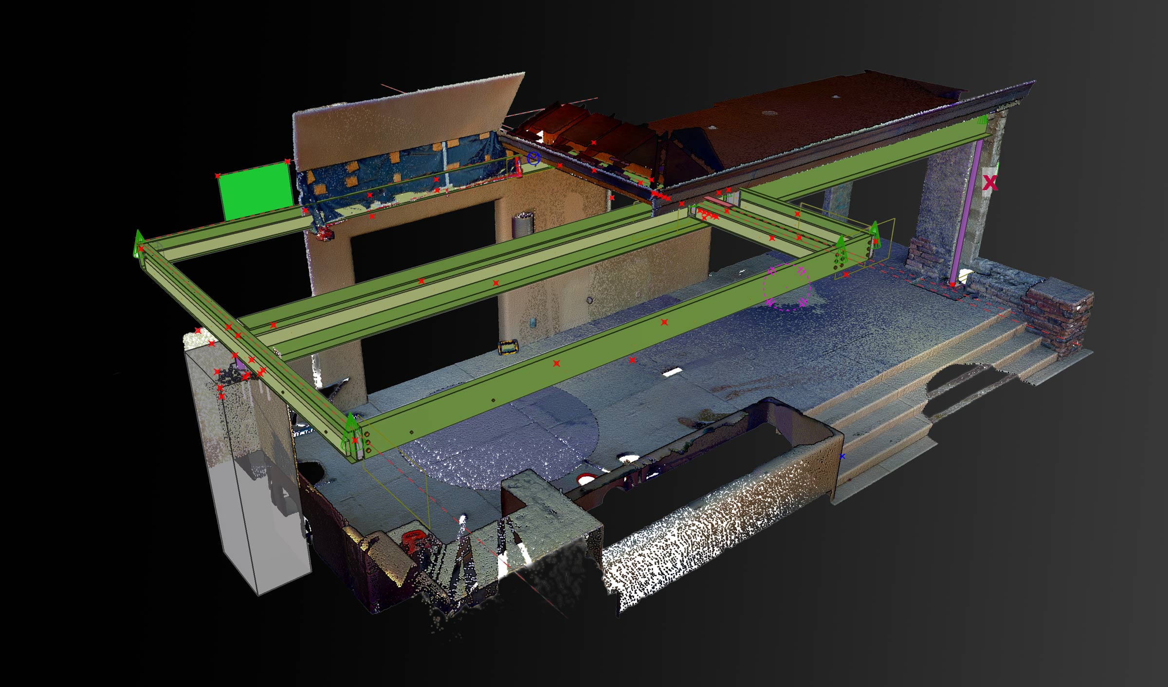 3D laser scan of an existing structure with the modeled steel patio addition overlaid for precise fit