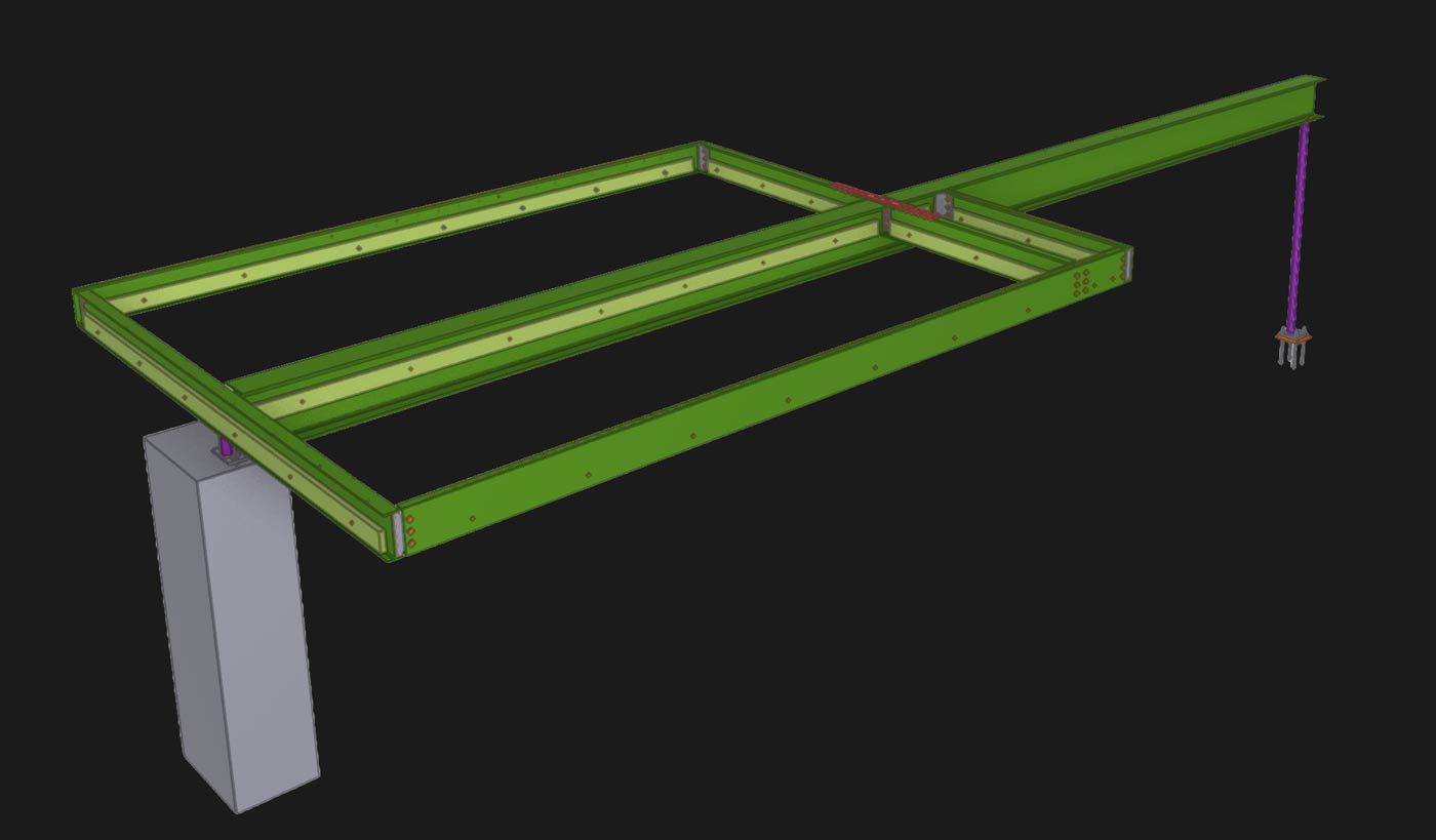 3D CAD model of a custom structural steel frame with column, anchor bolt detail, and beam connections rendered before fabrication