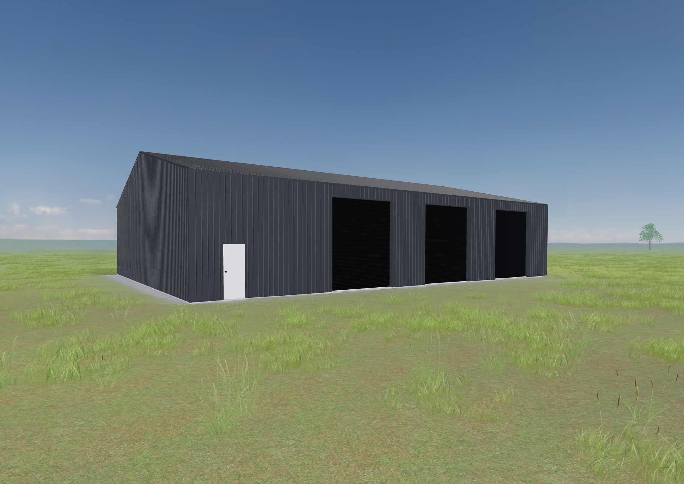 Rendering of a three-bay steel building package with roll-up doors and a walk door